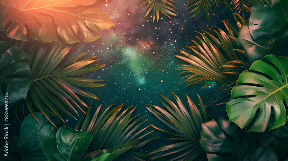 Fototapeta premium tropical leaves arranged artfully with a cosmic space background, capturing the beauty of nature and the universe, (1)