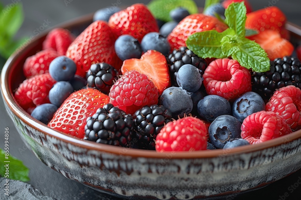 A bowl of mixed berries, including strawberries, blueberries, raspberries, and blackberries, with a sprinkle of mint leaves on top. A bowl of mixed berries, including strawberries, blueberries, raspberries, and blackberries, with a sprinkle of mint leaves on top.