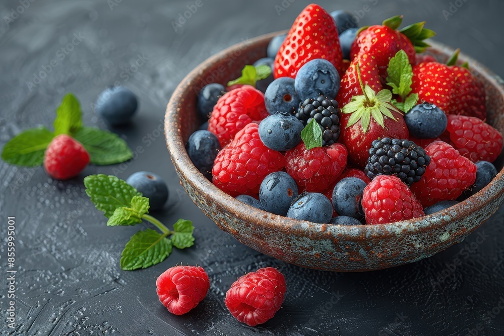 A bowl of mixed berries, including strawberries, blueberries, raspberries, and blackberries, with a sprinkle of mint leaves on top. A bowl of mixed berries, including strawberries, blueberries, raspberries, and blackberries, with a sprinkle of mint leaves on top.