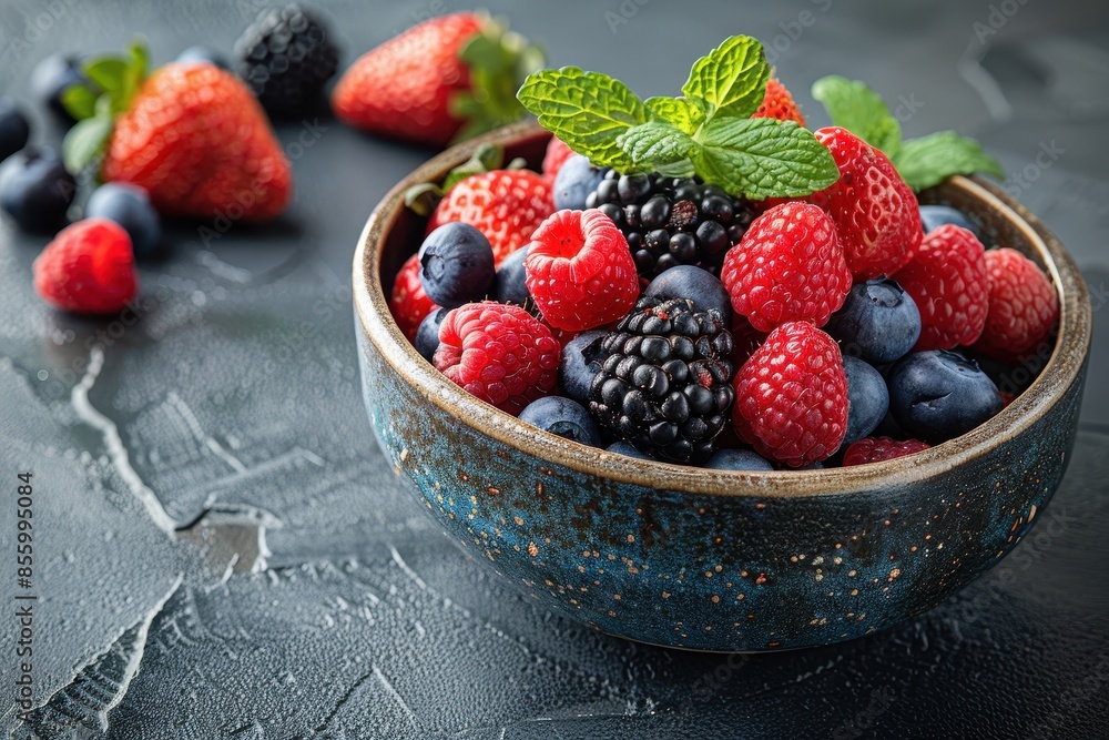 A bowl of mixed berries, including strawberries, blueberries, raspberries, and blackberries, with a sprinkle of mint leaves on top. A bowl of mixed berries, including strawberries, blueberries, raspberries, and blackberries, with a sprinkle of mint leaves on top.