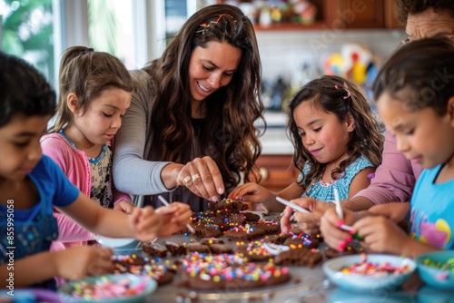 female and kids baking decorating cookies at a table in a kitchen