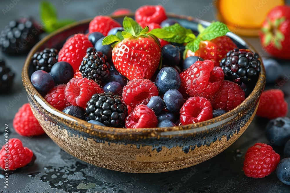 A bowl of mixed berries, including strawberries, blueberries, raspberries, and blackberries, with a sprinkle of mint leaves on top. A bowl of mixed berries, including strawberries, blueberries, raspberries, and blackberries, with a sprinkle of mint leaves on top.