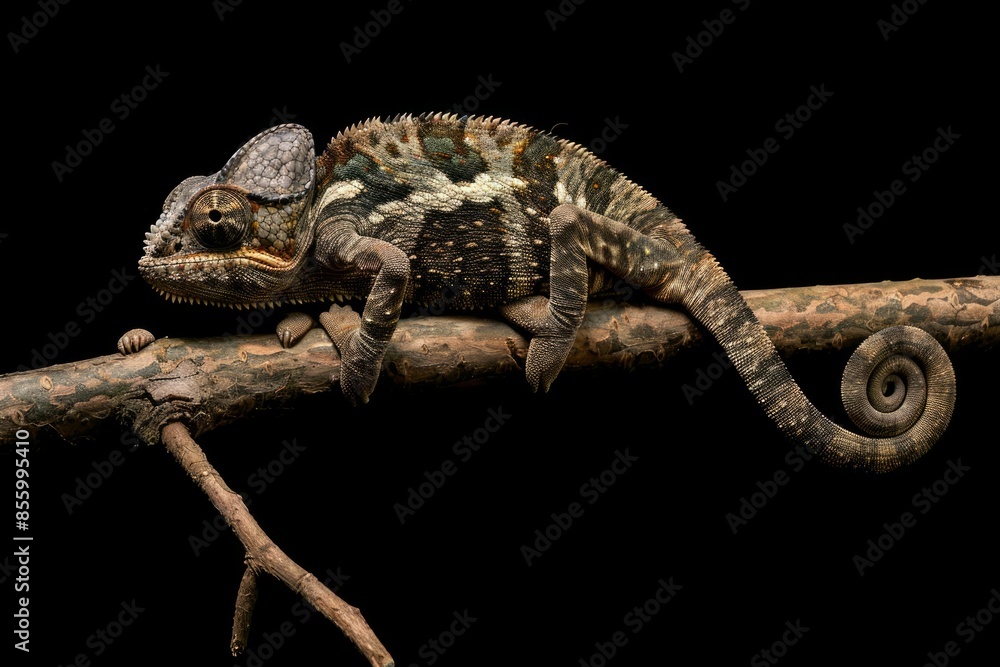 Fototapeta premium A yemen chameleon on his favourite stick isolated against a black background