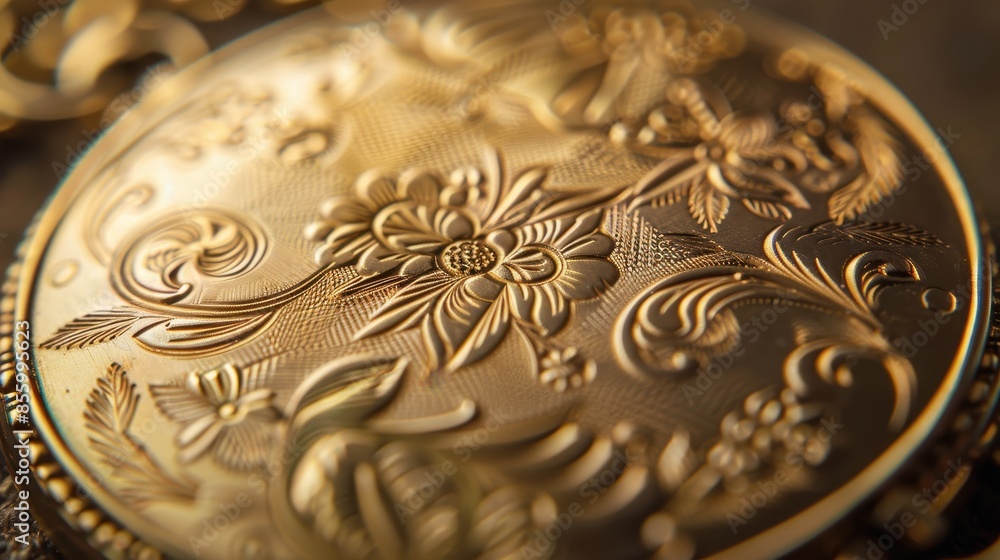 A close-up of a gold locket with intricate engraving, showcasing gold's sentimental value as well as its monetary worth A close-up of a gold locket with intricate engraving, showcasing gold's sentimental value as well as its monetary worth