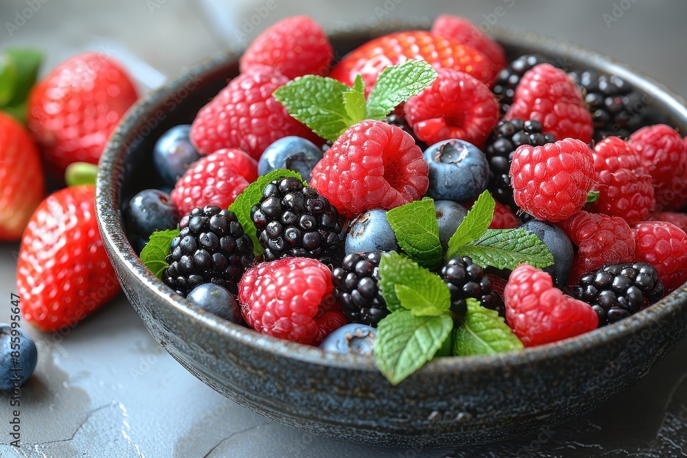 A bowl of mixed berries, including strawberries, blueberries, raspberries, and blackberries, with a sprinkle of mint leaves on top. A bowl of mixed berries, including strawberries, blueberries, raspberries, and blackberries, with a sprinkle of mint leaves on top.