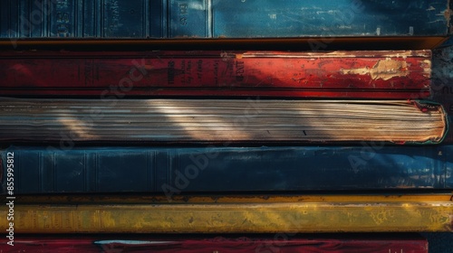 A close-up shot of a stack of well-worn school textbooks