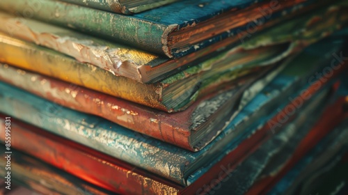 A close-up shot of a stack of well-worn school textbooks