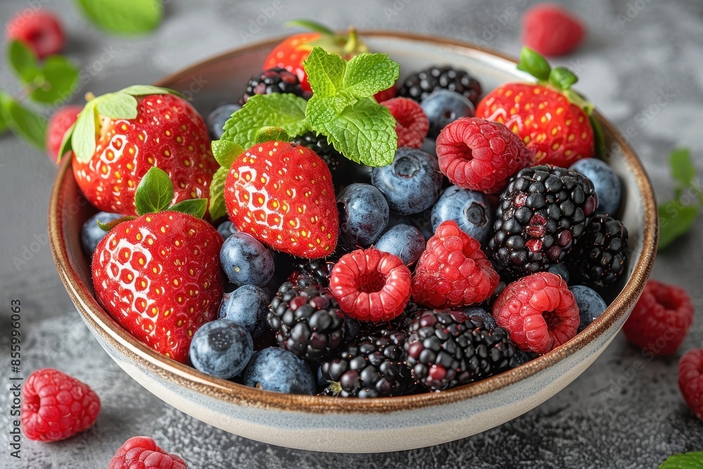 A bowl of mixed berries, including strawberries, blueberries, raspberries, and blackberries, with a sprinkle of mint leaves on top. A bowl of mixed berries, including strawberries, blueberries, raspberries, and blackberries, with a sprinkle of mint leaves on top.