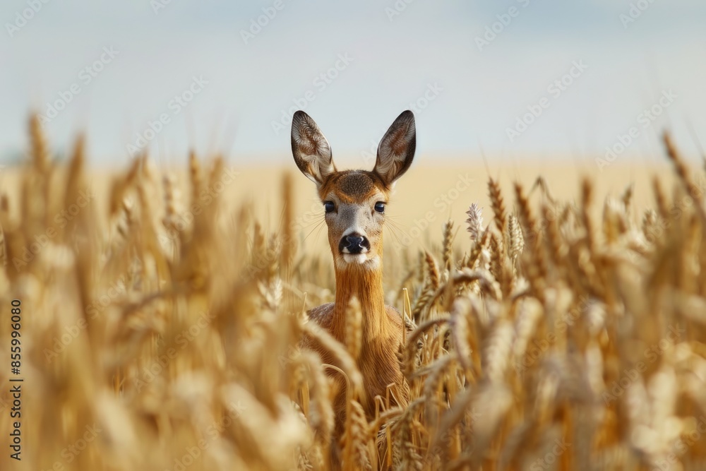 A young roe deer buck standing in the wheat field looking at the camera A young roe deer buck standing in the wheat field looking at the camera