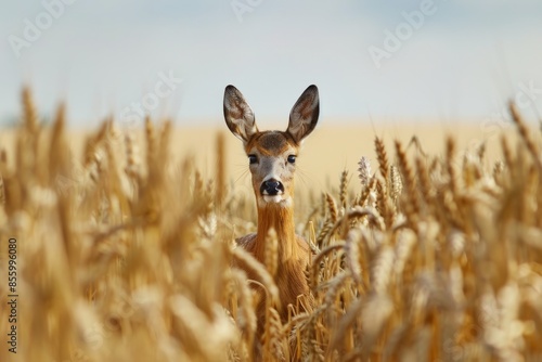 Wallpaper Mural A young roe deer buck standing in the wheat field looking at the camera Torontodigital.ca