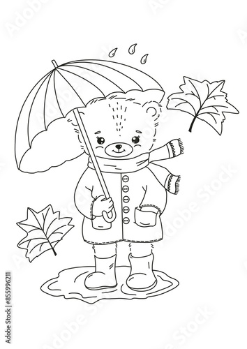Teddy bear  with umbrella. Coloring Book, Coloring page. For kids, girls, children. Autumn, forest animal. Baby Coloring activities.Toy, game, printable. Cute animal drawing isolated white background