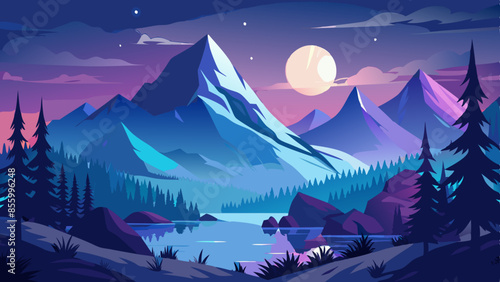 Beautiful mountain landscape, white nights, or midnight sun. Amazing polar night with mountain silhouettes