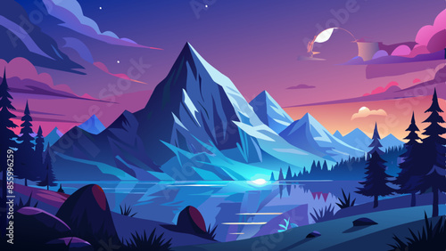 Beautiful mountain landscape, white nights, or midnight sun. Amazing polar night with mountain silhouettes