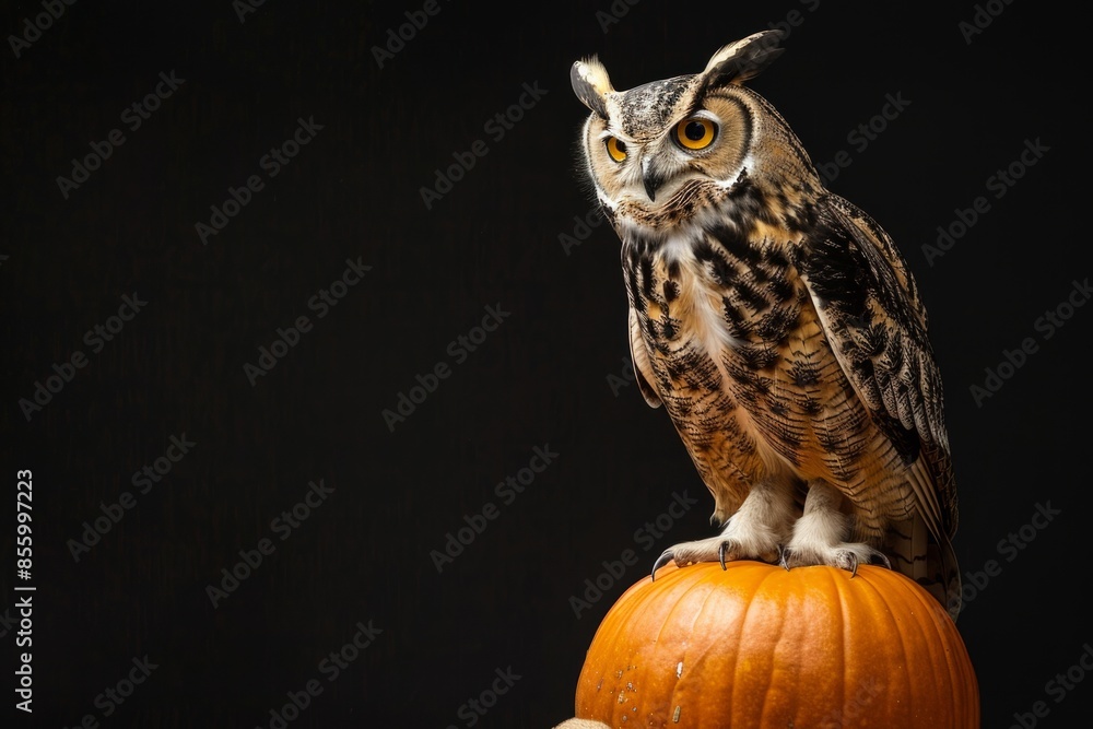 Obraz premium An owl standing on a halloween pumpkin against a black background