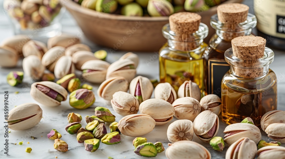 Assorted pistachios and bottles of gourmet oil on a marble countertop, showcasing natural and healthy ingredients. Assorted pistachios and bottles of gourmet oil on a marble countertop, showcasing natural and healthy ingredients.