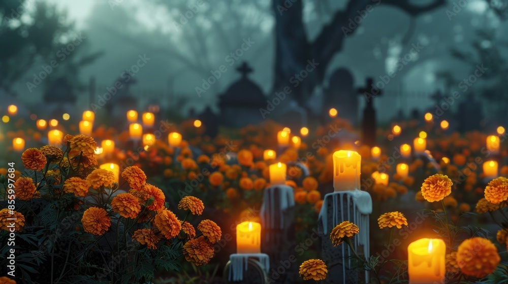 Mysterious Cemetery at Twilight with Glowing Candles and Orange Flowers Mysterious Cemetery at Twilight with Glowing Candles and Orange Flowers