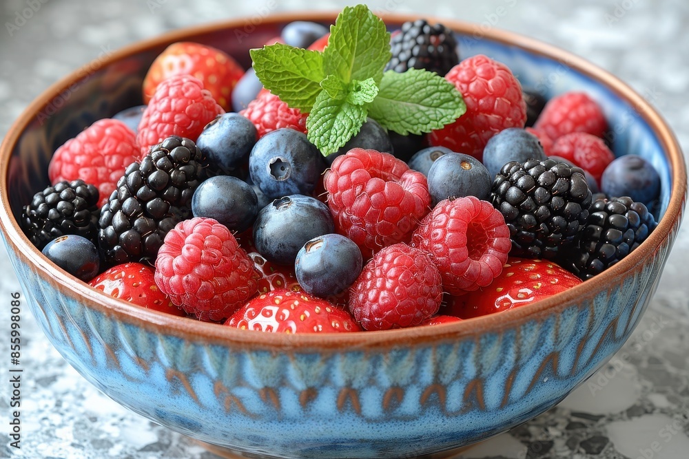 A bowl of mixed berries, including strawberries, blueberries, raspberries, and blackberries, with a sprinkle of mint leaves on top. A bowl of mixed berries, including strawberries, blueberries, raspberries, and blackberries, with a sprinkle of mint leaves on top.
