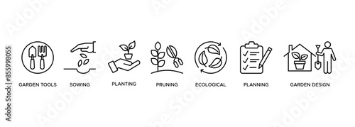 Gardening icons set web banner and design elements illustration with the icon of garden tools, sowing, planting, pruning, ecological, planning and garden