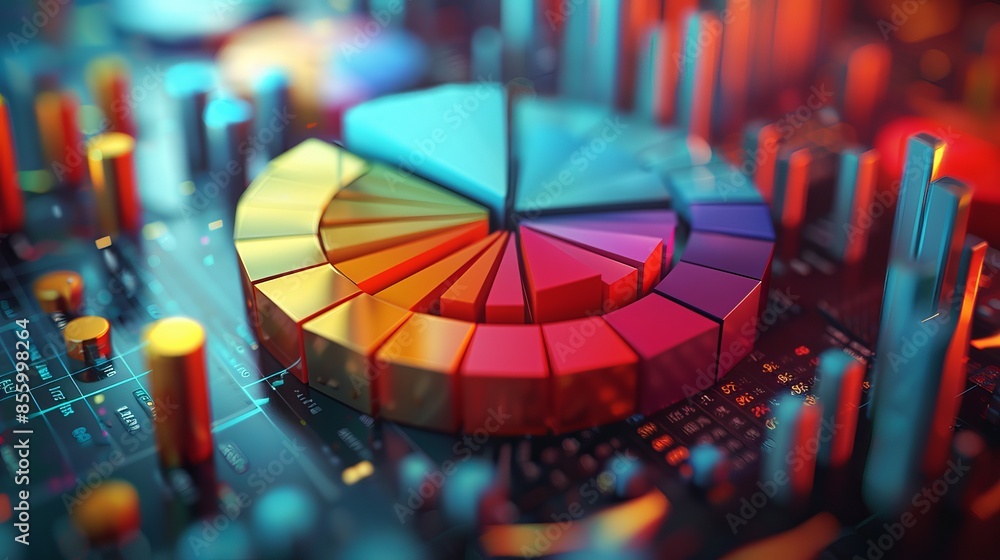 Colorful 3D pie chart and graphs on a digital background representing financial data analysis and business statistics. Colorful 3D pie chart and graphs on a digital background representing financial data analysis and business statistics.