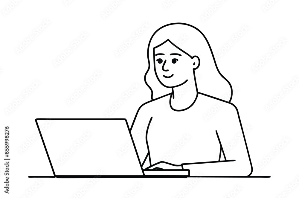 Woman using laptop computer, Vector drawing of woman with laptop continuous line art Woman using laptop computer, Vector drawing of woman with laptop continuous line art