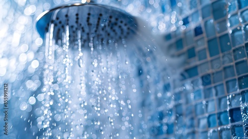 A closeup of water flowing from the headshower, with a background featuring blue and white tiles. atmosphere that evokes freshness or relaxation associated with shampooing.
