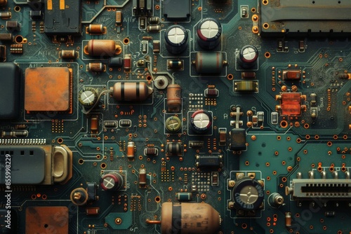 Close-up view of a detailed circuit board showcasing various electronic components and intricate connections. © enterdigital