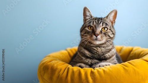 A cute cat sitting in an adorable yellow velvet pet bed on a light blue background, showcasing the comfort and warmth of these furry beds for cats.