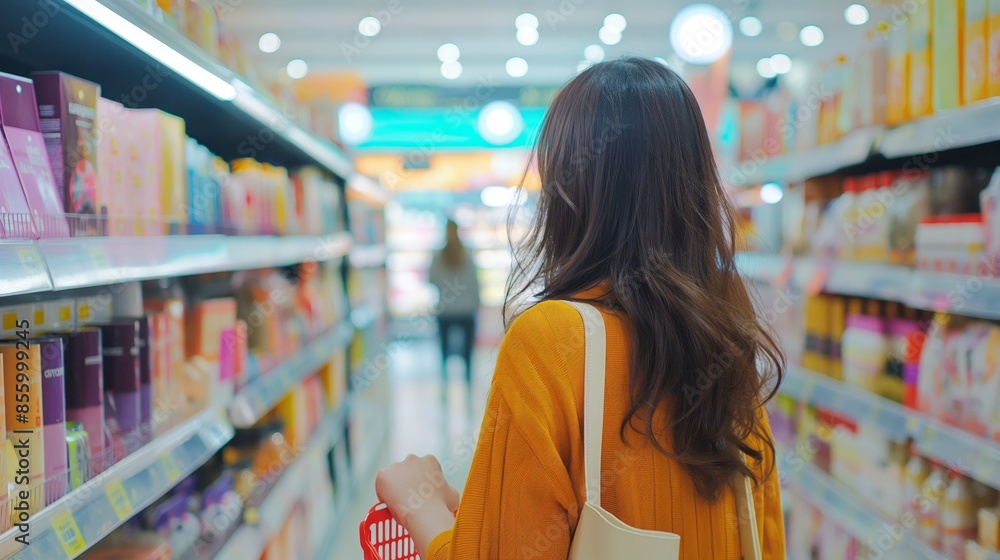 A woman in a yellow sweater shops for products in a colorful supermarket aisle A woman in a yellow sweater shops for products in a colorful supermarket aisle
