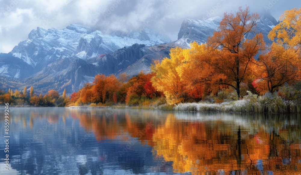 A peaceful riverbank with colorful autumn trees reflecting in the calm water, and a backdrop of majestic mountains dusted with early snow A peaceful riverbank with colorful autumn trees reflecting in the calm water, and a backdrop of majestic mountains dusted with early snow
