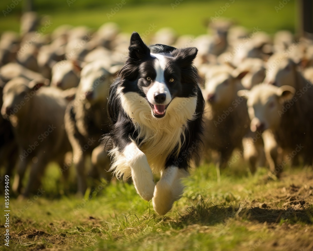 Fototapeta premium Energetic Border Collie herding flock of sheep in pastoral field, showcasing natural instincts and lively rural scene on a sunny day.