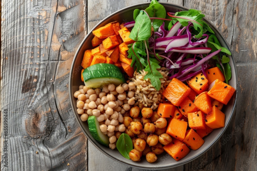 Healthy vegan bowl with chickpeas, sweet potatoes, red onions, brown rice, spinach, arugula, cucumbers, on rustic wooden table. Healthy vegan bowl with chickpeas, sweet potatoes, red onions, brown rice, spinach, arugula, cucumbers, on rustic wooden table.