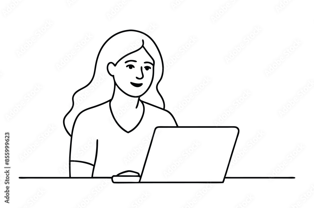 Woman using laptop computer, Vector drawing of woman with laptop continuous line art Woman using laptop computer, Vector drawing of woman with laptop continuous line art