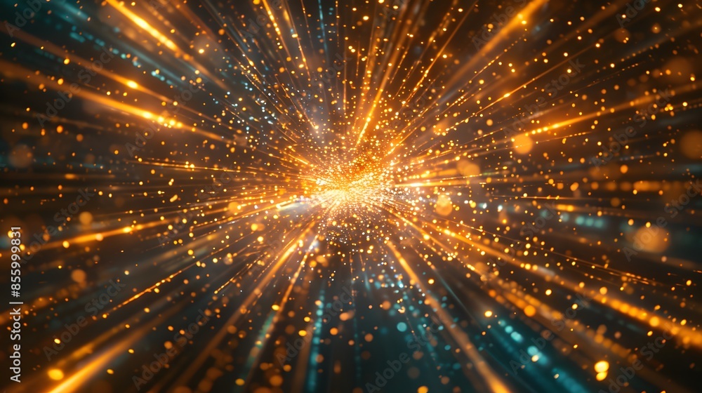 Naklejka premium A dynamic light effect with rays of golden and blue colors radiating from the center, creating an abstract background that conveys speed or time travel.