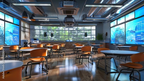 A contemporary classroom features modern furniture, interactive panels, and AI assistants, creating an engaging learning environment. Generative AI