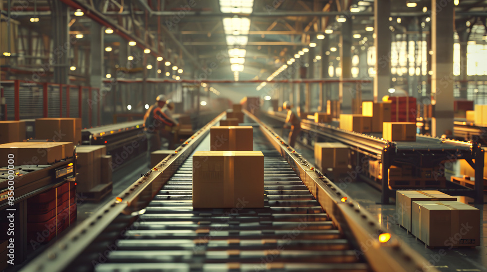 Modern industrial warehouse with conveyor belts and boxes, showcasing advanced logistics and efficient supply chain operations. Modern industrial warehouse with conveyor belts and boxes, showcasing advanced logistics and efficient supply chain operations.