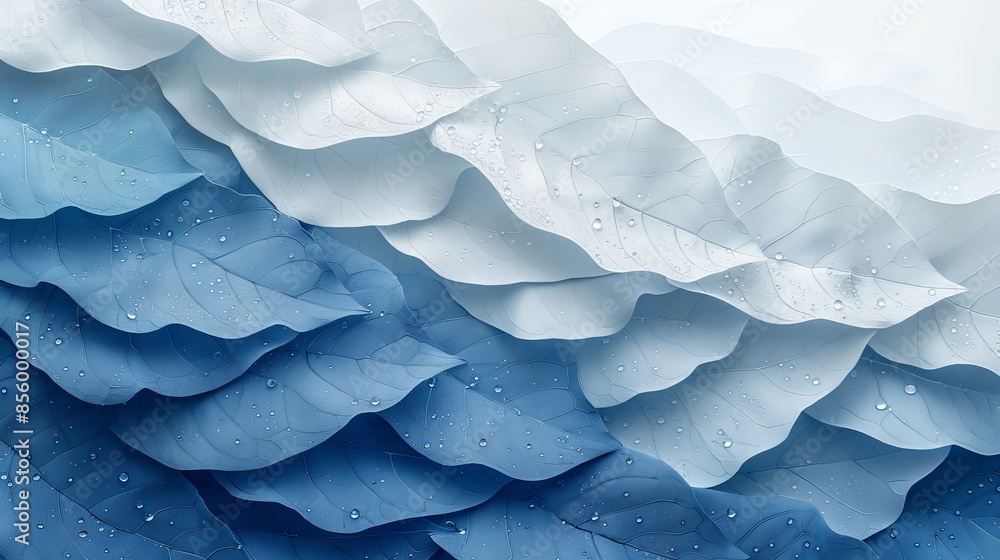 Fototapeta premium Abstract composition of many leaves in a gradient from white to blue, covered with drops of water. textured and visually appealing pattern.