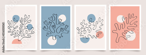 Abstract coral poster set. Modern trendy Matisse minimal style. Contemporary art print with organic nature shapes. Hand drawn design for wall decor, print, postcard, cover, template, banner.