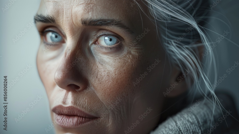 Intense Gaze of a Mature Woman with Freckled Skin and Striking Blue Eyes Intense Gaze of a Mature Woman with Freckled Skin and Striking Blue Eyes