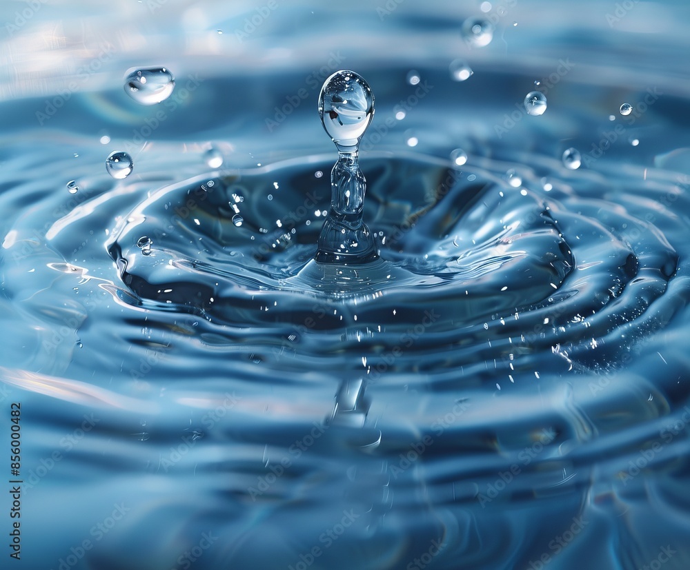 A drop falls on the surface of the oxen, splashing with a bokeh background in violet-blue tones. Concept: balance in nature, hydration and fluid nutrition A drop falls on the surface of the oxen, splashing with a bokeh background in violet-blue tones. Concept: balance in nature, hydration and fluid nutrition