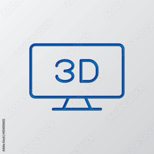 3D, TV simple icon vector. Flat design. Paper cut design. Cutted blue symbol with shadow. Gray background