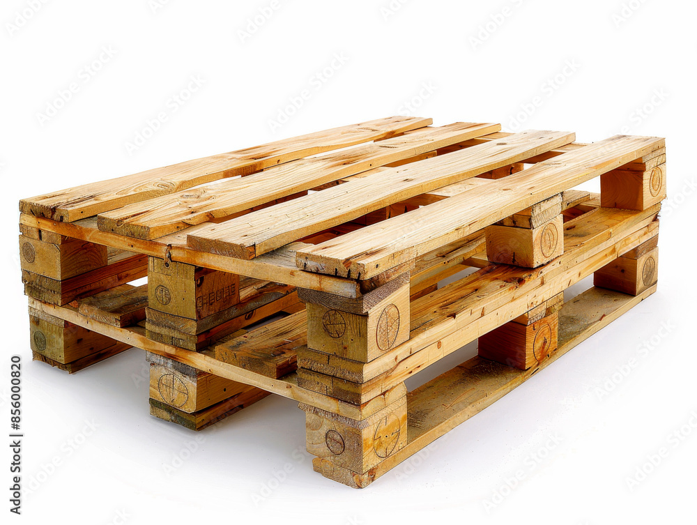 A wooden pallet, showcasing its sturdy construction and natural wood texture, ideal for shipping, storage, and repurposing in various DIY projects. The pallet sits on a white background. Copy space. A wooden pallet, showcasing its sturdy construction and natural wood texture, ideal for shipping, storage, and repurposing in various DIY projects. The pallet sits on a white background. Copy space.