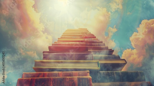 Worms-eye view of a staircase made of books leading to a bright