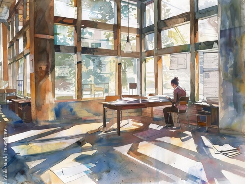 Worm's-eye view of a teacher sitting at a desk in an open