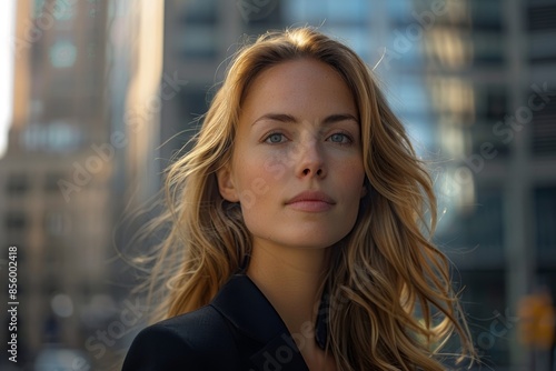 Scandinavian woman in a business suit, standing in front of a city financial district, Scandinavian beauty, professional elegance.