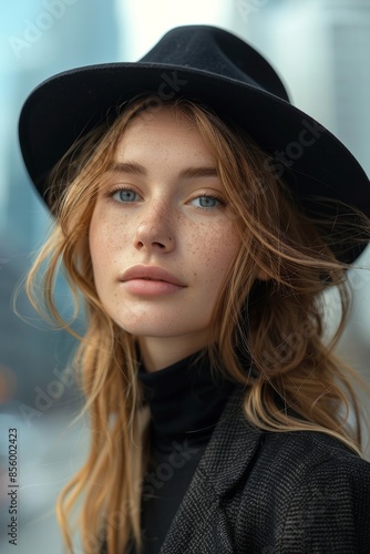 Portrait of a Scandinavian woman with a stylish hat, with modern skyscrapers in the background, Scandinavian beauty, urban sophistication. © Paniti