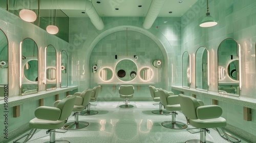 Pastel green hair salon, retro-styled with circular mirrors and chic chairs, capturing a vintage ambiance, raw and vivid texture photo