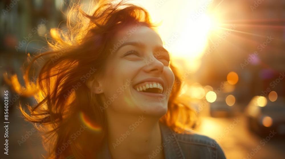 A joyful woman laughing heartily with a beautiful sunflare illuminating her hair and face Happiness evident A joyful woman laughing heartily with a beautiful sunflare illuminating her hair and face Happiness evident