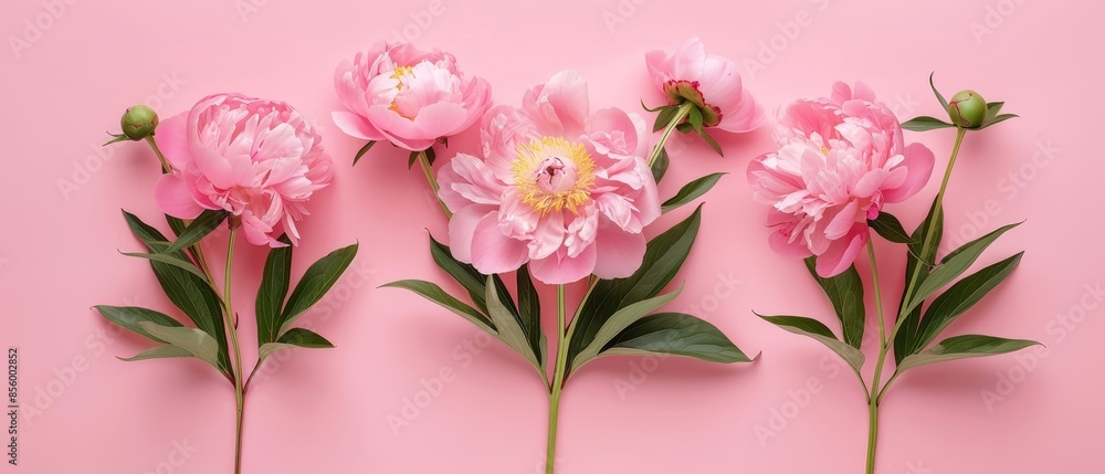Peonies flat lay, top view on a smooth pink background, perfect for ad space, isolated background, professional, studio lighting Peonies flat lay, top view on a smooth pink background, perfect for ad space, isolated background, professional, studio lighting