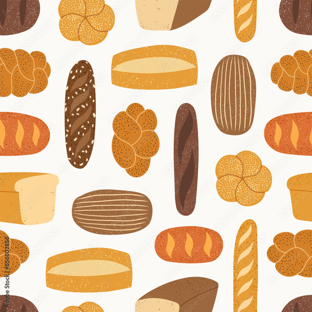 Seamless pattern of different fresh baked bread. Background with bakery products. Whole grain, rye, and wheat bread, ciabatta, loaf, toast bread, french baguette. Vector flat illustration. Seamless pattern of different fresh baked bread. Background with bakery products. Whole grain, rye, and wheat bread, ciabatta, loaf, toast bread, french baguette. Vector flat illustration.
