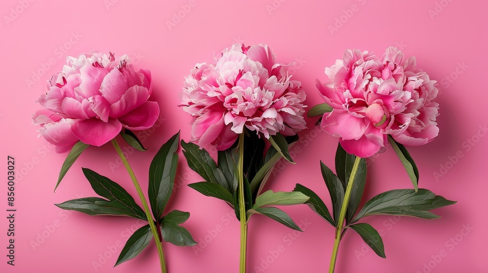 Peonies viewed from above, bright pink background, advertising layout, isolated and well-lit with studio lighting, raw and professional Peonies viewed from above, bright pink background, advertising layout, isolated and well-lit with studio lighting, raw and professional